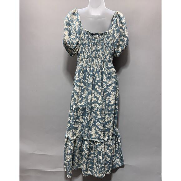 Free People Blue Cream Floral Smocked Puff Sleeve Midi Dress Women’s Medium Boho - Picture 4 of 13